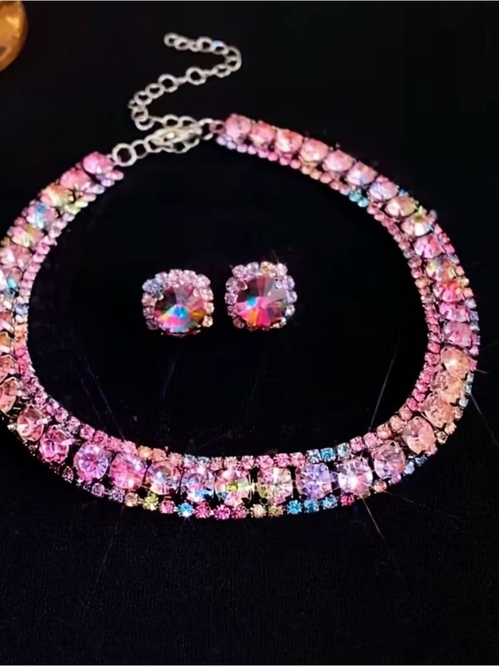 Sparkling Pink Multicolor Crystal Necklace & Earring Set